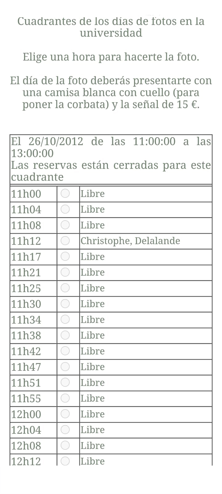 Reserva de cita y horarios disponibles